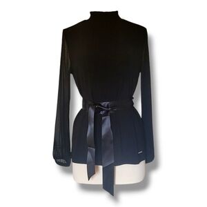 Anne Klein Black Long Sheer Sleeve Top with Smock Gathered Neck. Size Medium